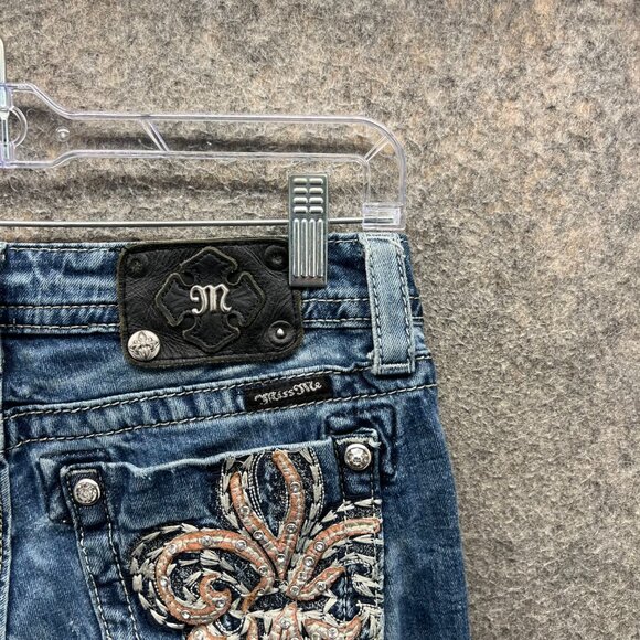 Miss Me Jeans Womens 28 Bootcut Blue Denim Fleur De Lis Embroidered Pockets - Picture 5 of 12